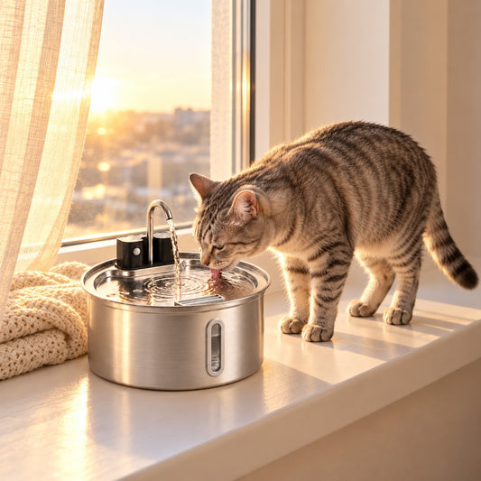 Gato bebiendo de la fuente inalámbrica Ondia sobre el alféizar de una ventana
