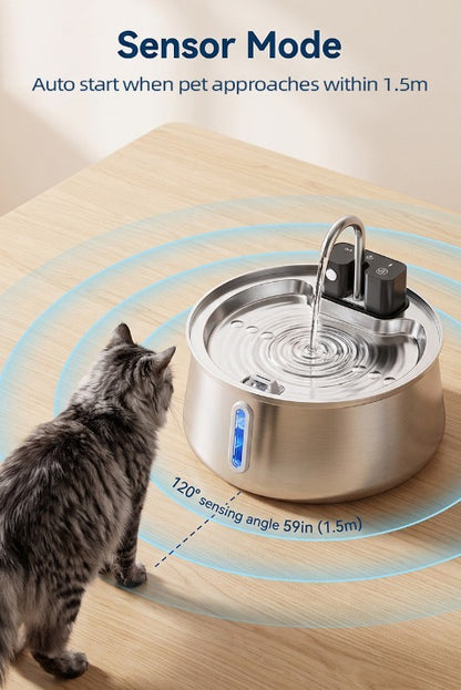 Ondia - Fuente de agua inalámbrica de acero inoxidable para gatos