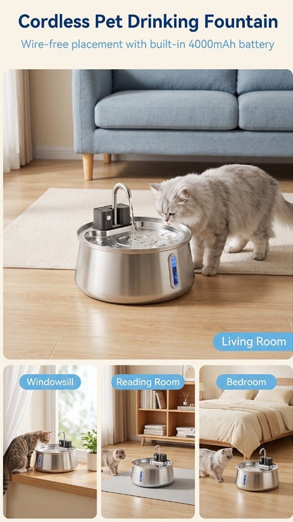 Ondia - Fuente de agua inalámbrica de acero inoxidable para gatos