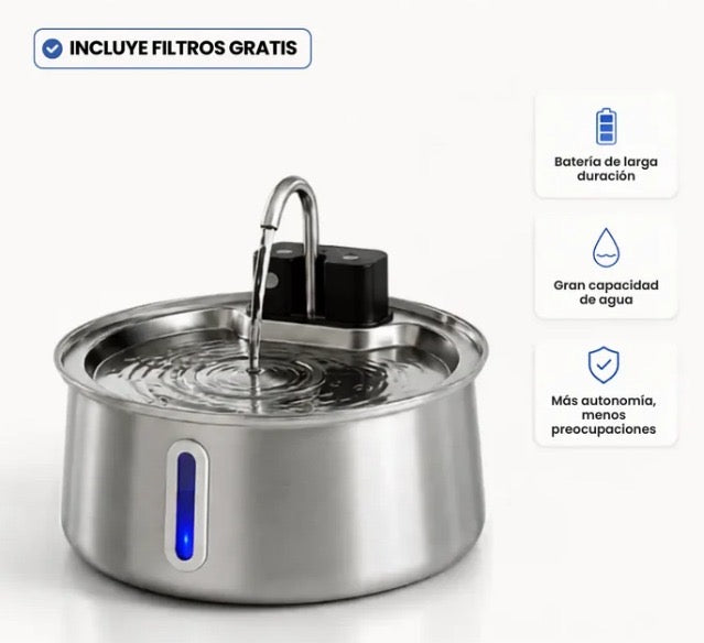 Ondia - Fuente de agua inalámbrica de acero inoxidable para gatos