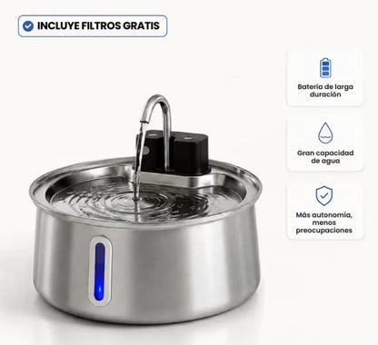 Ondia - Fuente de agua inalámbrica de acero inoxidable para gatos
