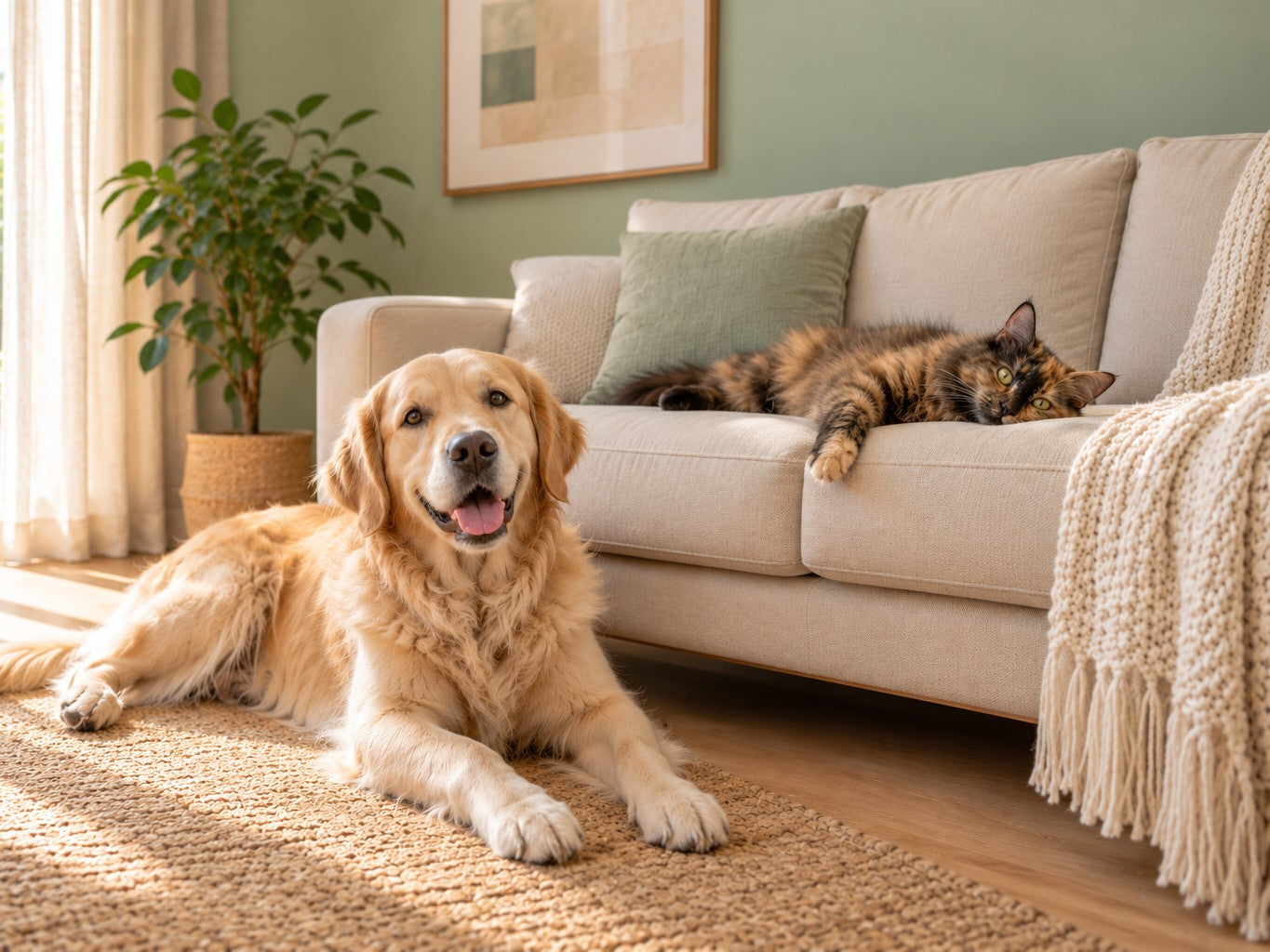 Un golden retriever sonriente tumbado en la alfombra y un gato carey relajado en el sofa de un salon luminoso